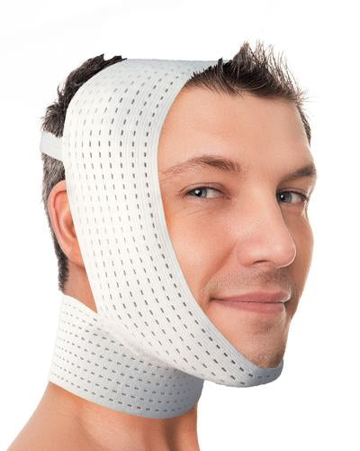 Compresión de mentón y mejillas con banda para el cuello y compresas frías.